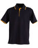 A black polo shirt with orange collar and sleeve accents. It features a branded logo.