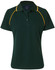 A dark green polo shirt with yellow accents and a collar, featuring a branding logo.