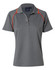 A grey ladies polo shirt featuring a collar and orange piping, with a logo on the chest.