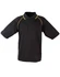 A black polo shirt with yellow detailing and a collar, featuring a logo on the chest area.