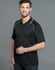 A black men's polo shirt with green accents and a logo on the chest, featuring a collared design and short sleeves.