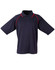 A navy polo shirt with red accents, featuring a collar and short sleeves, branded with a logo.