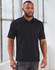 A black polo shirt with a collared neckline and short sleeves, featuring a logo on the chest.