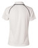 A white polo shirt with black piping, featuring a collar and short sleeves. It has a branding logo on the back.