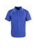 A blue polo shirt featuring white piping and a three-button placket, with a logo on the chest.