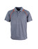 A grey polo shirt with orange accents, featuring a collared neckline and three buttons. It has a logo.