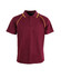 A maroon polo shirt with yellow accent detailing and a branding logo on the front.