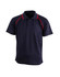 A navy blue polo shirt with red piping and a logo on the chest. Short sleeves and a classic collar design.