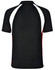 A black men's tri sport polo shirt featuring white and red accents on the sides and back, with a logo visible.