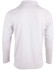 A white long sleeve cricket polo shirt with a classic collar and a logo on the back.