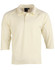 A light cream, men's 3/4 sleeve cricket polo shirt with a collar and a logo on the chest.