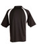 A black and white men's polo shirt with short sleeves and a collar, featuring a logo on the front.