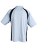 A men's polo shirt in light blue with black side panels and a collar, featuring a logo on the back.