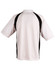 A men's polo shirt in white with black accents, featuring a logo on the side.