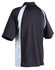 A black and light blue men's polo shirt with a standard collar and short sleeves, featuring a branded logo.