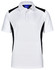 A white polo shirt with black side panels and a collar. Features a logo on the chest.