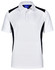 A white polo shirt with black side panels and a collar, featuring a logo on the chest.