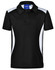 A black polo shirt with white panel details and a collar, featuring a logo on the label.