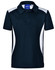 A short-sleeved polo shirt in navy blue with white accents and a collar. It features a logo on the neckline.