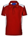 A red polo shirt with white side panels and a collar, featuring a logo on the inside neckline.