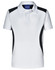 A white children's polo shirt with black side panels and a collar, featuring a logo on the upper section.