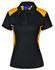 A black and yellow ladies' polo shirt featuring a collar and short sleeves, with a branding logo on the chest.