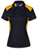 A black polo shirt with yellow side panels and a collar, featuring a logo on the chest.