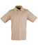 A beige men's polo shirt with a collar, short sleeves, and a button-up front, featuring a logo.