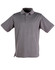 A grey men's polo shirt with short sleeves, featuring a three-button placket and a subtle logo.