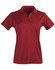 A red women's short sleeve polo shirt with a collar, featuring buttons and a logo.