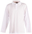 A white long sleeve polo shirt featuring a collar and buttons, with a logo on the chest.