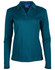 A long sleeve polo shirt in teal, featuring a collar and a buttoned placket. It has a logo on the chest.