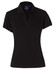A black ladies' polo shirt with a collared neckline and short sleeves. It features a logo on the chest area.