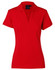 A red ladies' polo shirt with a collared neck and short sleeves, featuring a brand logo.