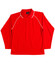 A red long-sleeve polo shirt with raglan sleeves and white piping. The shirt features a collar and buttons, with a logo.