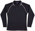 A black long-sleeve polo shirt with raglan sleeves, featuring white piping and a collar. It has a logo on the chest.