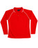 A red long-sleeve polo shirt with a white trim and a collar. It has a logo on the chest area.