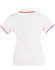 A white ladies' polo shirt featuring red trim on the collar and sleeves, with a logo on the side.
