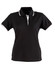 A black ladies' polo shirt with contrasting white collar and sleeve trims. It features a logo on the chest.