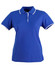 A ladies' polo shirt in blue with white detailing on the collar and sleeves, featuring a logo.