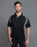 A black men's polo shirt featuring grey accents and a logo on the chest.
