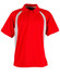 A red polo shirt featuring white side panel accents and a collar. The shirt includes a logo on the chest area.