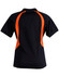 A black polo shirt featuring orange accents on the sides and a collar. The back view is displayed.