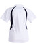 A white polo shirt with black side panels and a collar, featuring a logo on the back.