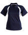 A navy polo shirt with white accent stripes and a collar, featuring a logo on the chest area.