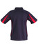 A navy blue polo shirt with red accents and a logo on the back. Short sleeves and a sporty design.