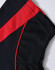 A black and red short-sleeved polo shirt featuring a textured fabric and a branding logo.