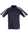 A navy blue polo shirt with light blue accents and a collar, featuring buttons and a logo.