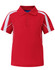 A red kids' polo shirt with white panel accents and a collar, featuring three buttons and a logo.