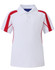 A white polo shirt featuring red side panels and a collar, with a logo on the chest.